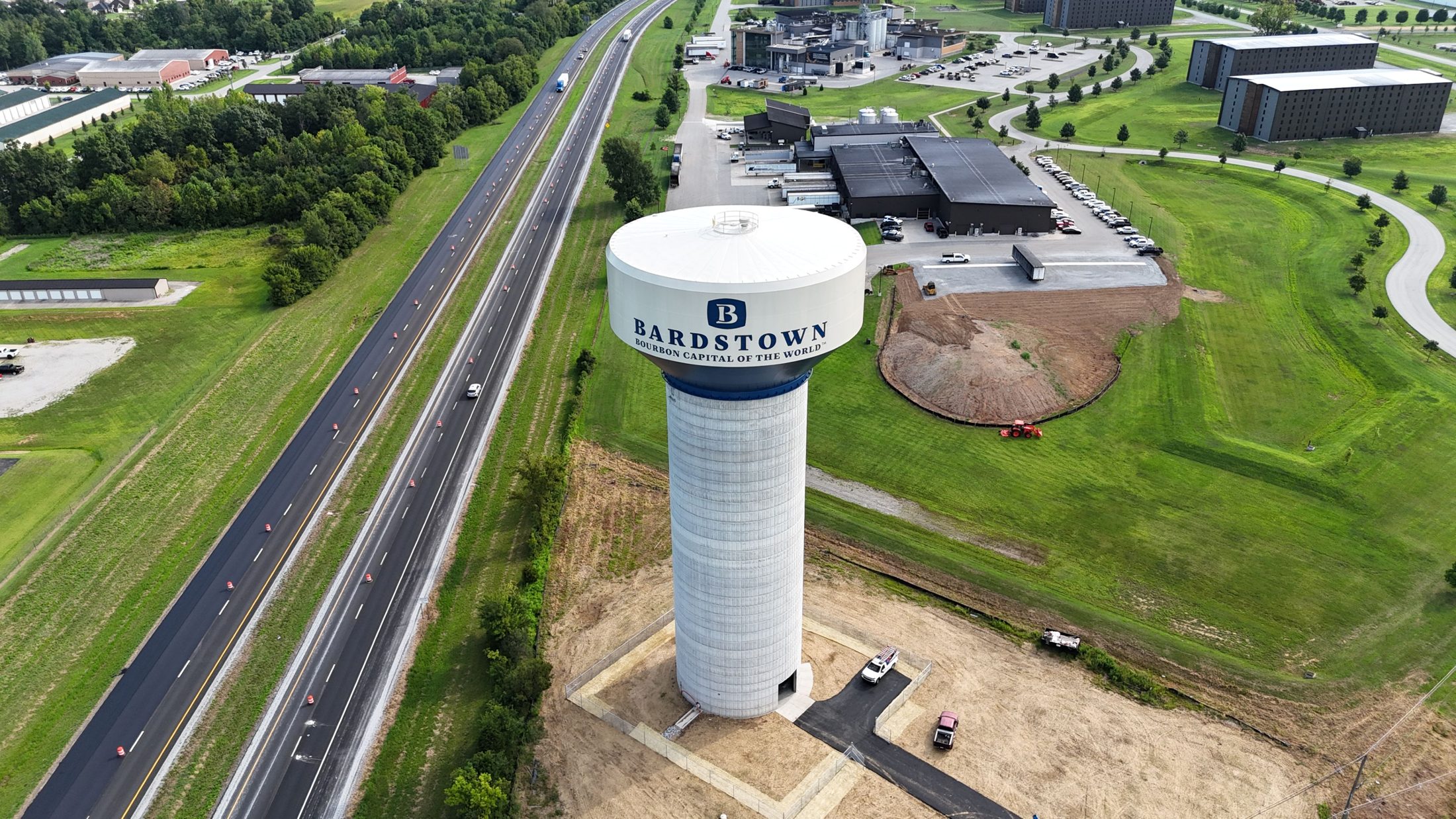 Aerial view of the OMC-built Bardstown, Kentucky elevated water tower and its reinforced concrete foundation